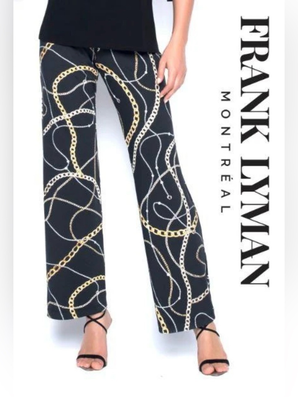 Frank Lyman Design Black Wide-Leg Pants with Gold & White Chain Print